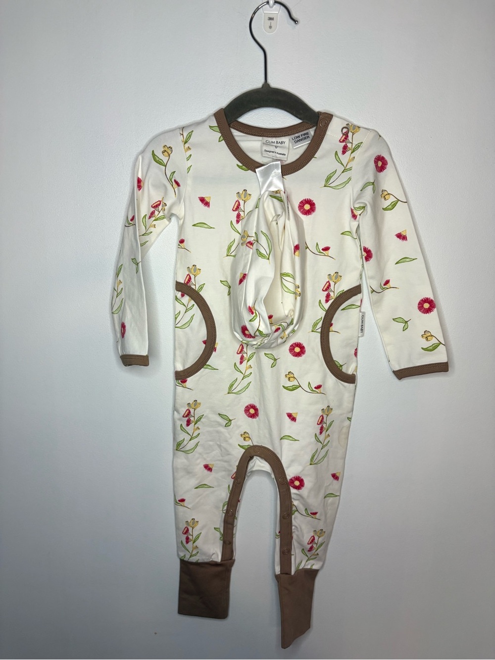 Gum Baby Kids Cream Floral One-Piece Romper with Brown Trim, matching head band